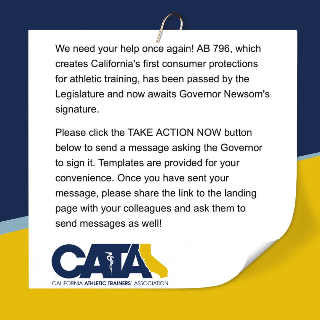 California ATs: tell Governor Newsom to sign AB 796! With California being the ONLY state left without professional protections, we are just steps away from that finally changing. <a href="/NATA1950/">NATA</a> 

votervoice.net/mobile/NATA/Ho…

#athletictraining #california #CATA #sportsmedicine #ab796