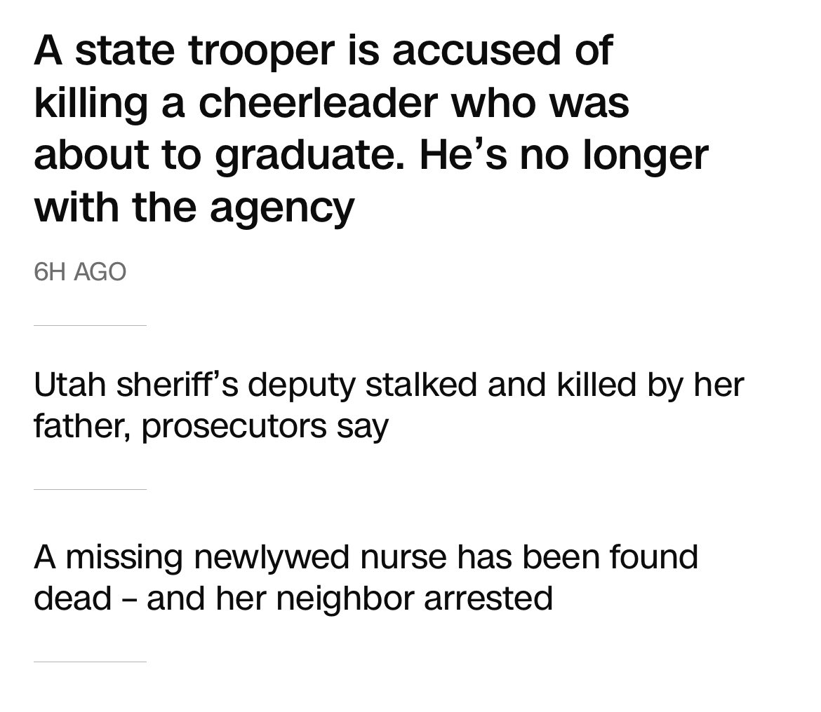 3 headlines in a row from <a href="/CNN/">CNN</a> online news tonight. Not cut and pasted together. This is as it was on the website. All new from those we’ve been talking about for the last couple of days. 3 more murdered women. 3 more murderous men. What has to happen for things to get better?