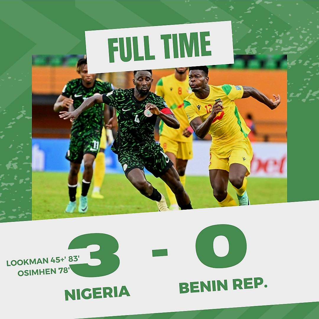 Agegenews's tweet photo. The Super Eagles earned a comfortable victory in Uyo thanks to Ademola Lookman’s brace, and Victor Osimhen’s goal. #AFCON2025Q https://t.co/4y43kddUAD