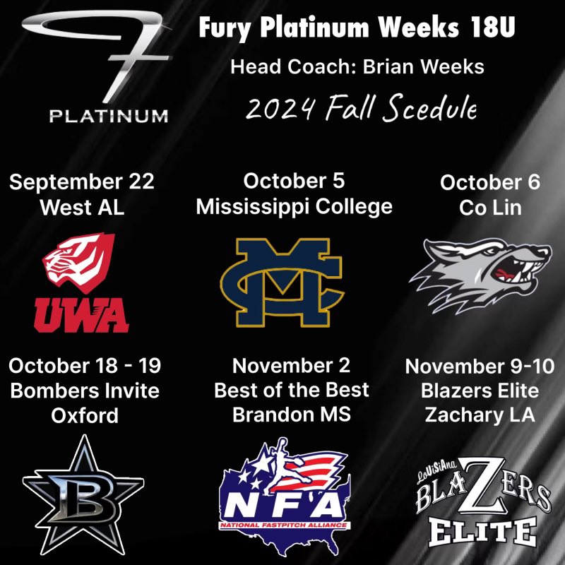 Fall schedule! <a href="/CoachMeeks_PRCC/">Christie Meeks</a> @CoachMeleah <a href="/CoachRonFrost/">Coach Ron</a> <a href="/BclarkUSA/">Becky Clark</a> <a href="/ECCCSoftball/">ECCC Softball</a> <a href="/AndyLeeNWF/">Andy Lee</a> <a href="/hansparks4/">Hannah Sparks</a> <a href="/FuryWeeks/">Fury platinum weeks</a>