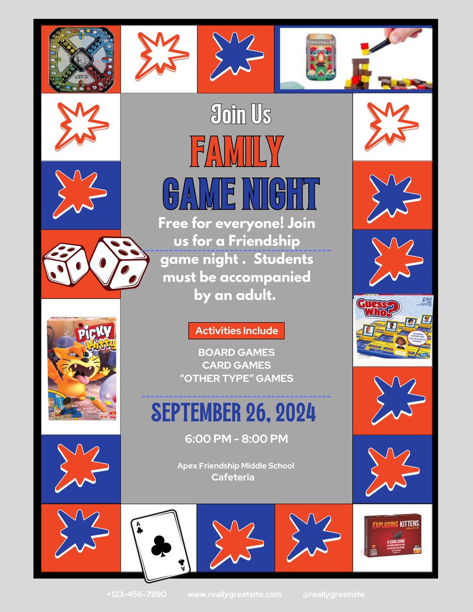 Come out for a fun family game night at <a href="/AFMSChargers/">Apex Friendship Middle School</a> on September 26, 2024 from 6-8pm. Light refreshments will be available while they last.  

Game list here: tinyurl.com/ChargerGameNig…