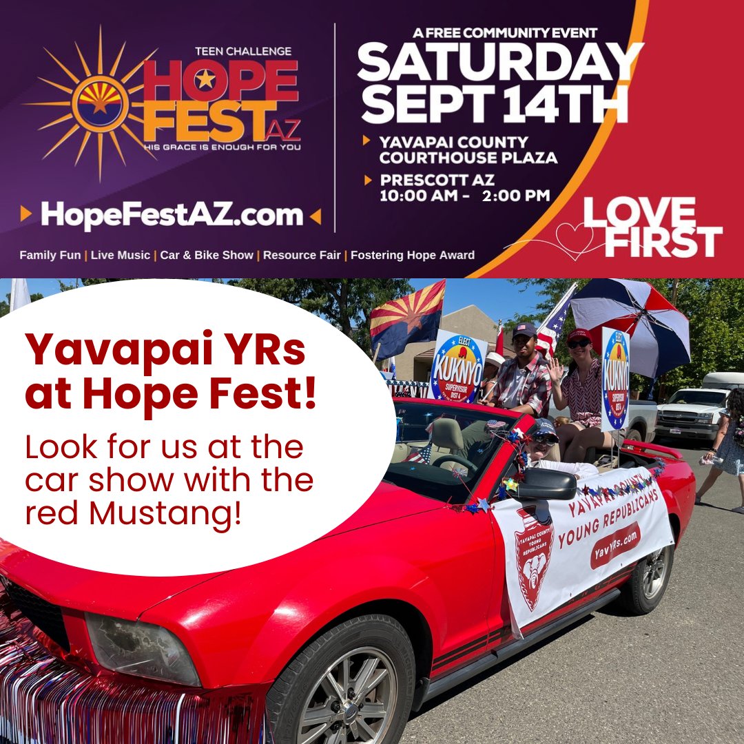 Yavapai Young Republicans (@yavapaiyr) on Twitter photo ⭐ Join us at Hope Fest next Saturday!
⌚ Sept 14, 10am-2pm
📍 Prescott Courthouse Plaza, 120 S Cortez St
🌐 hopefestaz.com
Thanks to Alysia, we'll be in the car show - look for the red Mustang! <a href="/HopeFestAZ/">Hope Fest Arizona</a> is a fun event for a great cause! ⭐ Join us at Hope Fest next Saturday!
⌚ Sept 14, 10am-2pm
📍 Prescott Courthouse Plaza, 120 S Cortez St
🌐 hopefestaz.com
Thanks to Alysia, we'll be in the car show - look for the red Mustang! <a href="/HopeFestAZ/">Hope Fest Arizona</a> is a fun event for a great cause!