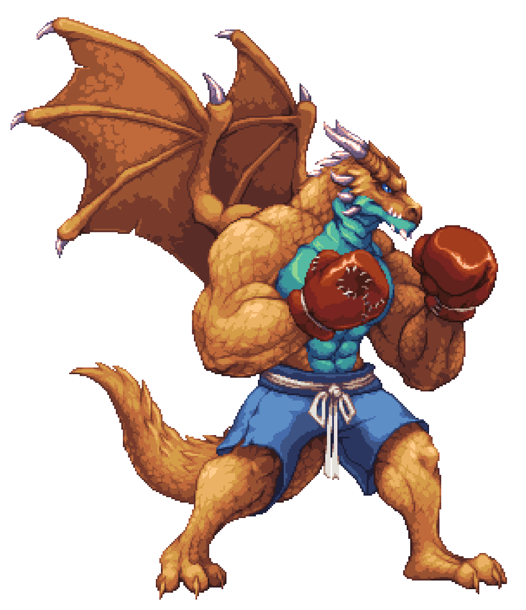 A pixelart piece C0mm1ss10n of Gaeus, a boxing dragon.
Took a while to pull of the shading!

#pixelart