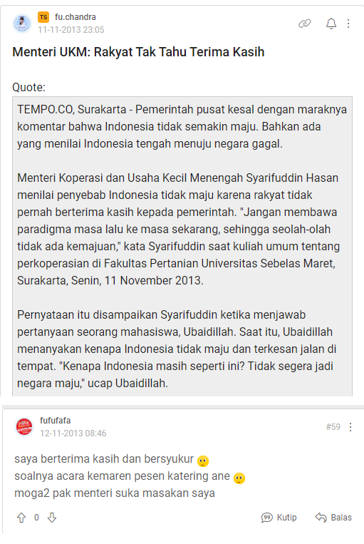 tambahan bang, di postingan kaskus yang ini, si fufufafa ngaku punya usah katering, dan pas 2013 menkop saat itu make jasa kateringnya pas acara di solo. 
secara kebetulan, chilli parri adalah usah katering milik gibran berbasis di kota solo
link: m.kaskus.co.id/show_post/5281…