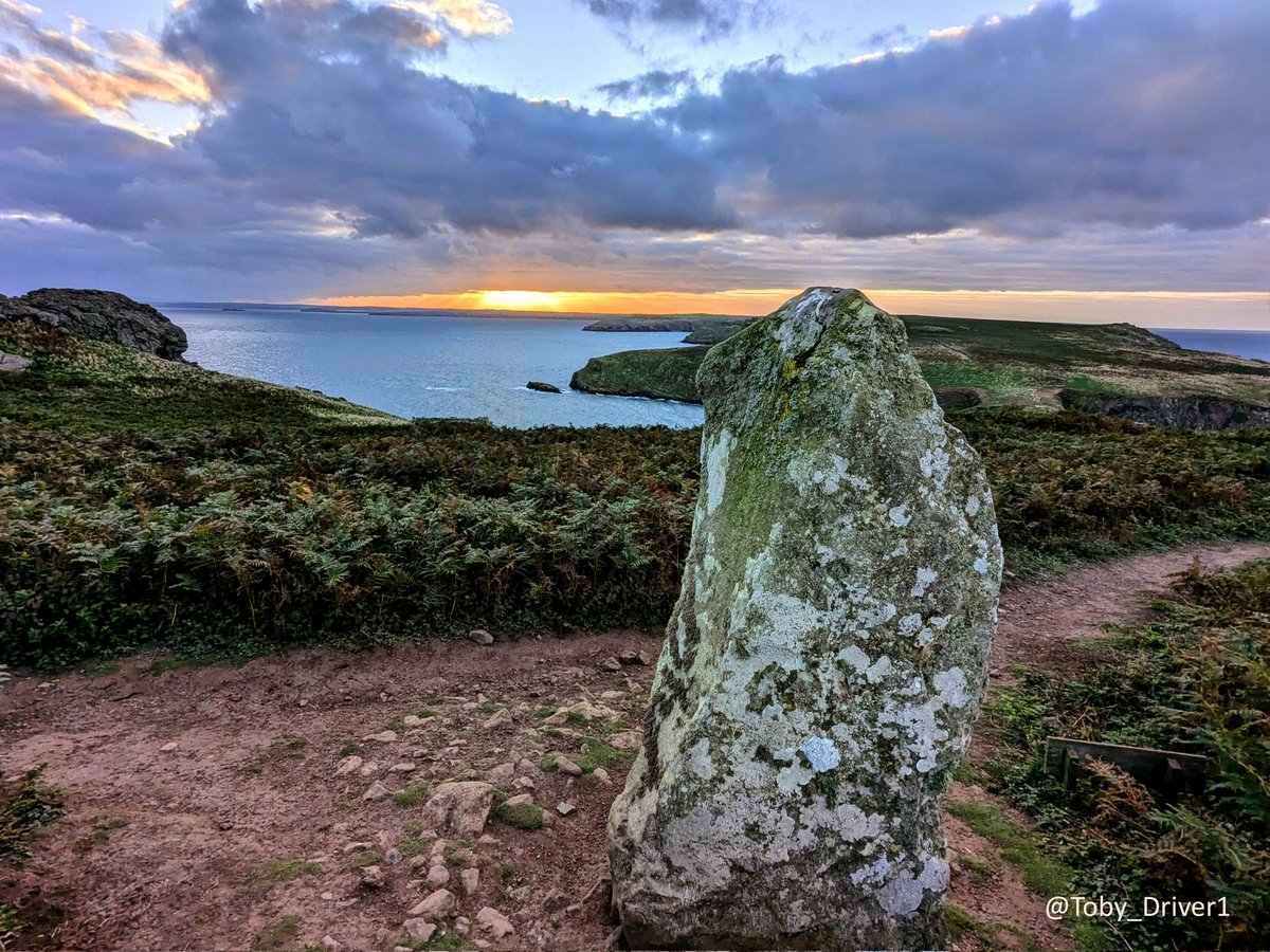#StandingStoneSunday September sunrise over the Harold Stone on Skomer Island, #Pembrokeshire, looking across Jack Sound

This early Bronze Age stone is sited for the midsummer solstice sunrise, which is framed by a notch in the nearby outcrop

📷 My own, last week