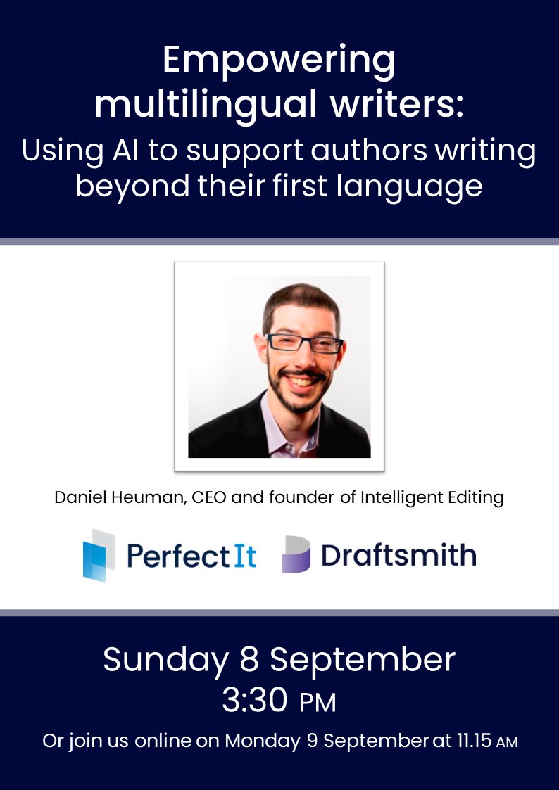 Good morning CIEP attendees!

Do you work with multilingual writers?

Catch Daniel Heuman's talk - Empowering multilingual writers: Using AI to support authors writing beyond their first language - at 3.30 PM today.

#CIEP24 #amediting