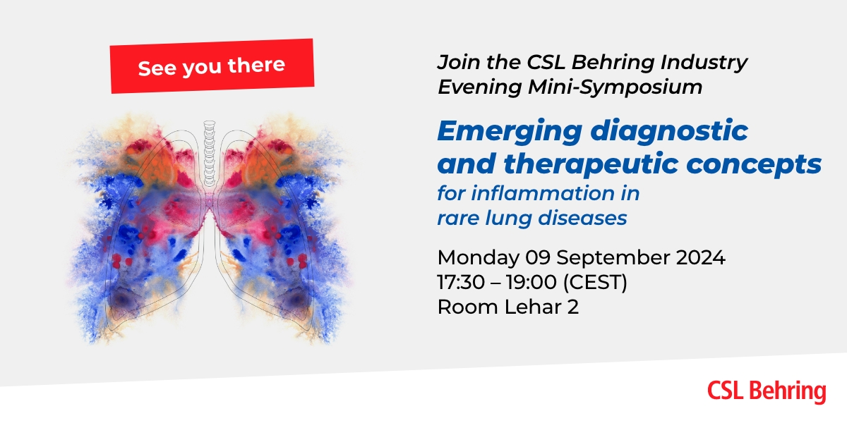 Learn more about „Emerging diagnostic and therapeutic concepts for inflammation in rare lung diseases” and engage with top experts in the field.

Monday 09 September 2024
17:30-19:00 (CEST)
Room Lehar 2

We look forward to seeing you there! 
#respiratory #cslbehring #ERSCongress