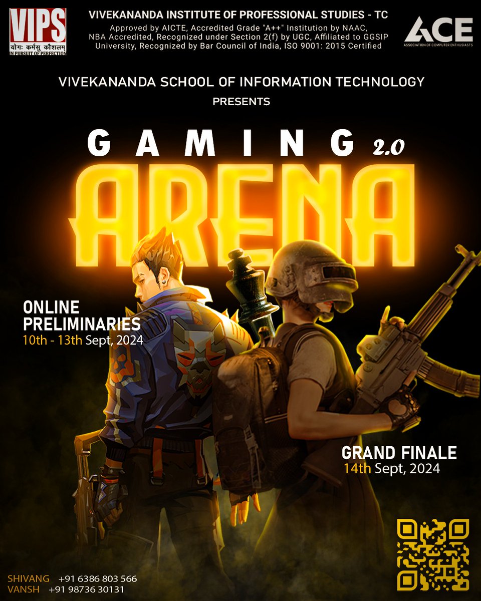 ACE presents Gaming Arena 2.0! Valorant, BGMI &amp; Chess Tournaments - open to all students of any college. 

Prove your skills &amp; compete for a ₹15k prize pool! 💸

Prelims (10-13 September)
Grand Finale (14 September)

Register now: linktr.ee/acevips