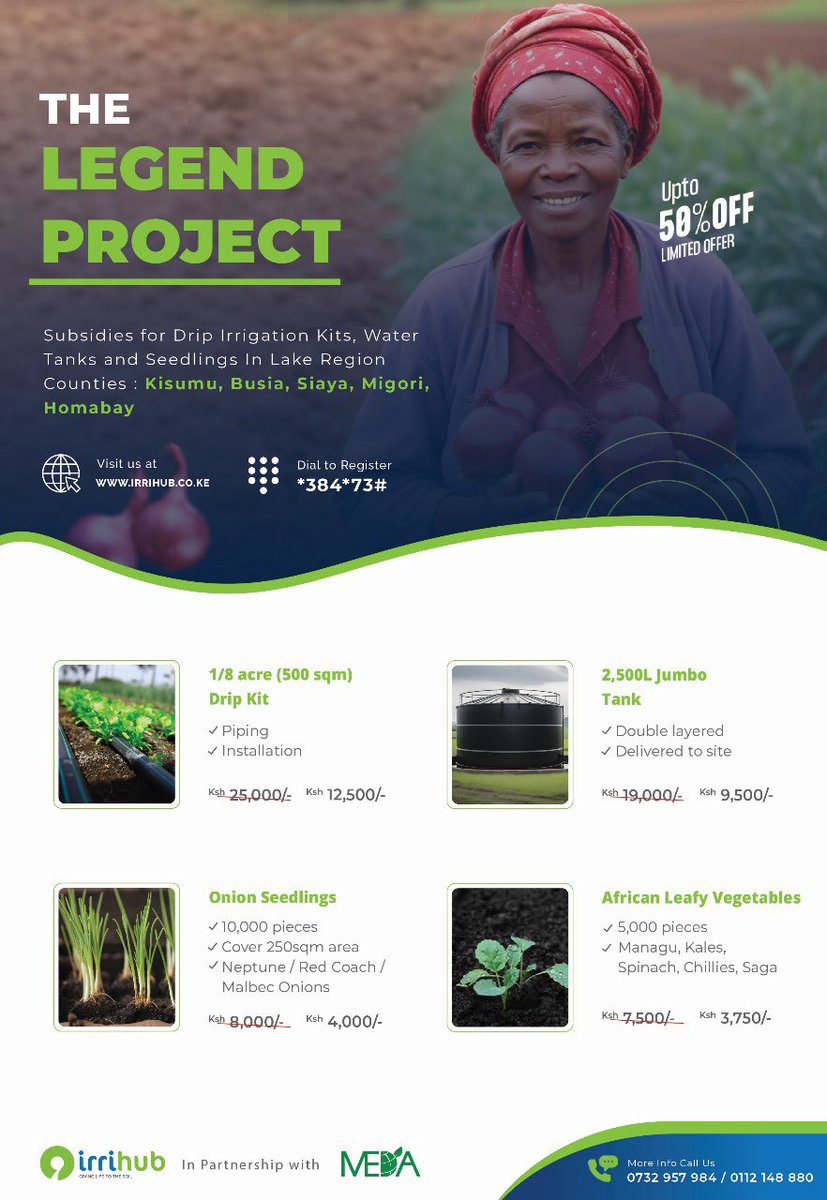 Farmers in the Lake Region, these subsidies are still available! 

Spread the word and let farmers in Kisumu, Siaya, Busia, Migori, and Homa Bay take advantage of this opportunity.

Sales@irri-hub.com | 011 2148880