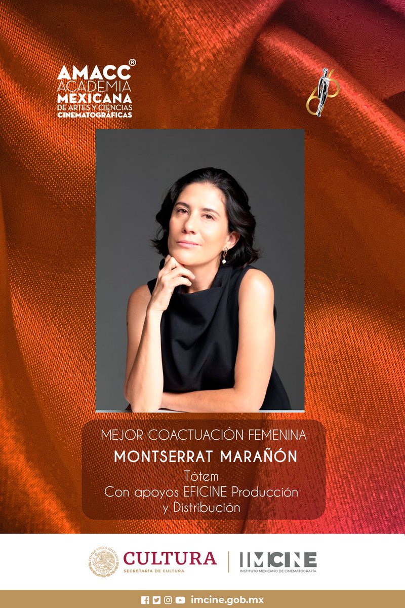 🏆Montserrat Marañón gana el Ariel a Mejor Coactuación femenina por el largometraje ‘Tótem’. 

Esta película tuvo apoyo #EFICINE Producción y Distribución. #Ariel66