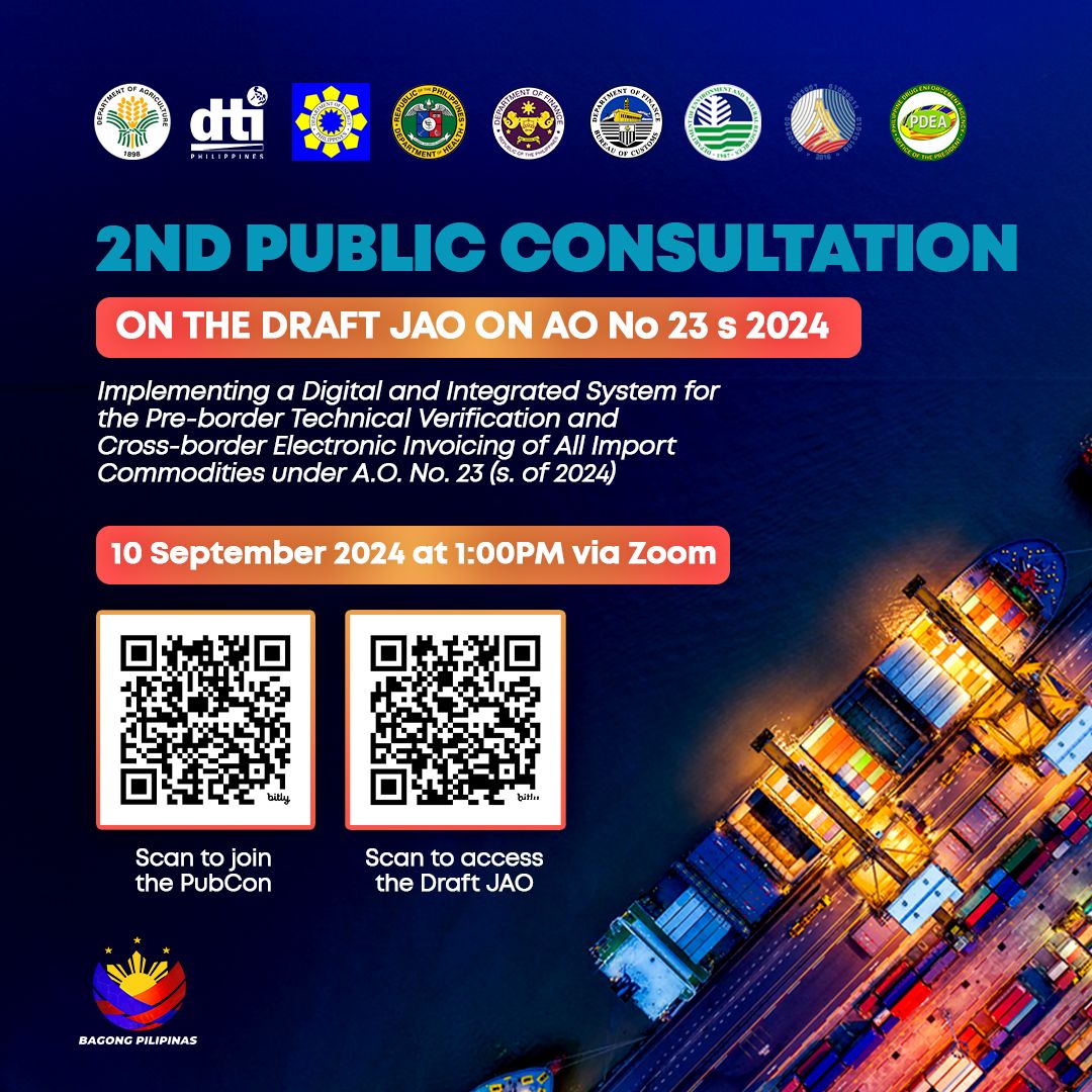 CustomsPH's tweet image. #PublicConsultation | The Committee on Pre-border Technical Verification and Cross-border Electronic Invoicing invites stakeholders to the 2nd Public Consultation on the Draft Joint Administrative Order (JAO) Implementing A.O. No. 23 s. 

See more: rb.gy/xyu38g