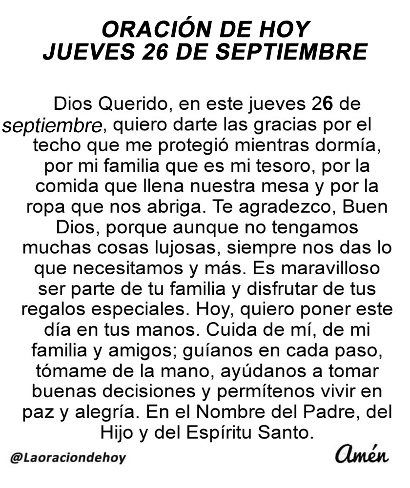 Oración De Hoy (@laoraciondehoy) on Twitter photo Oración diaria para hoy jueves 26 de septiembre de 2024. Oración diaria para hoy jueves 26 de septiembre de 2024.