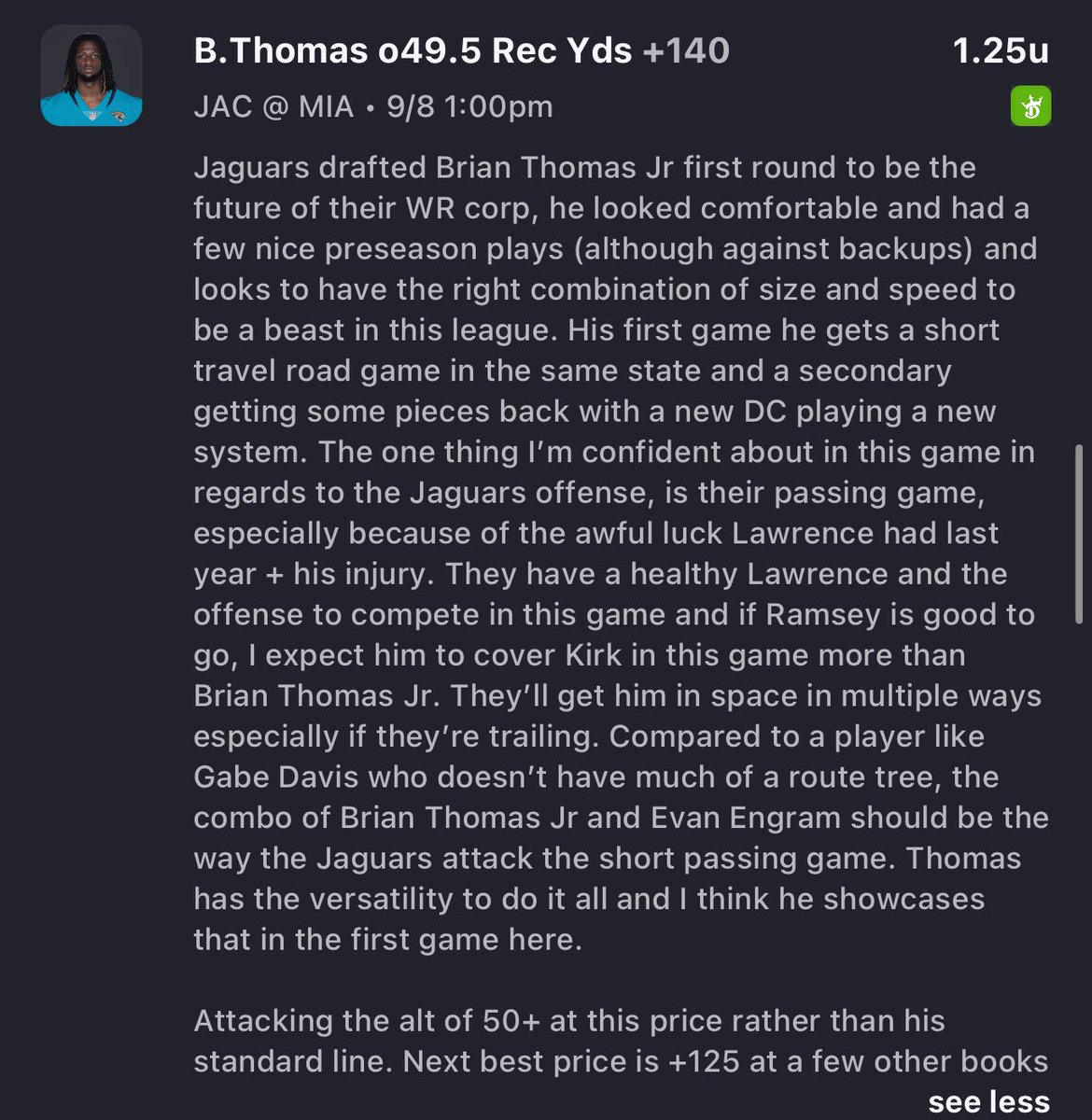 NFL Player Prop 🦅

Brian Thomas Jr 50+ rec yds +140 DK
