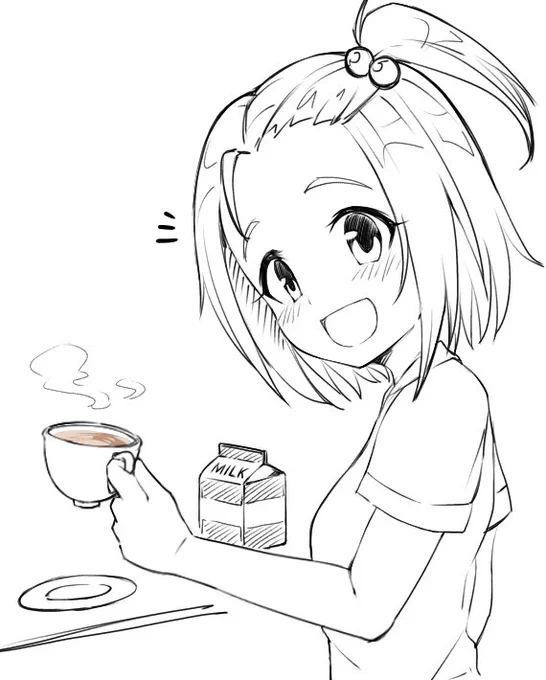 これはフォロワーさんのお誕生日絵の、カフェオレいれてくれる美由紀ちゃん 