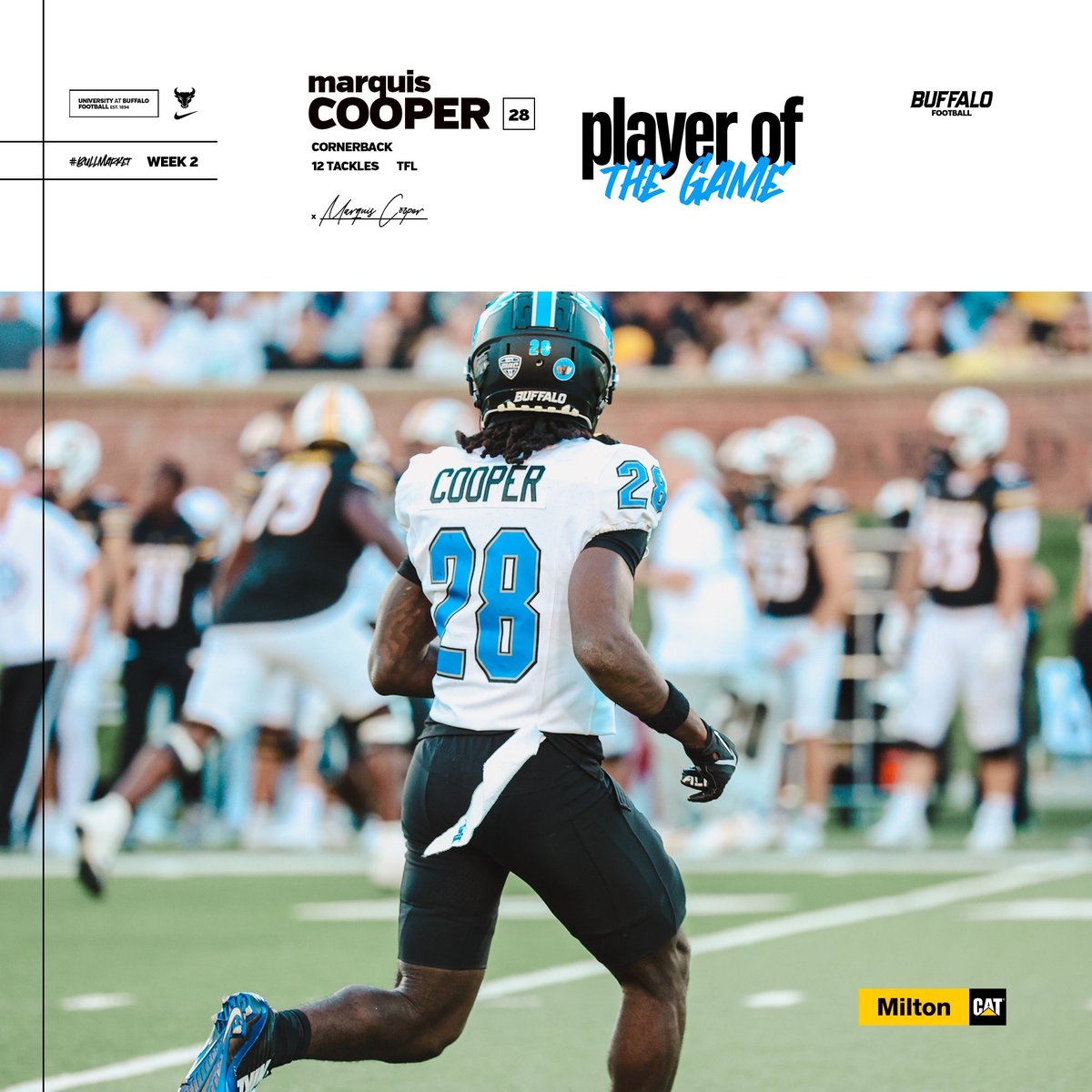 With a career-high 12 tackles, including 8 solo stops and a TFL, cornerback Marquis Cooper was tonight’s Milton CAT Player of the Game. 

#UBhornsUP l #BullMarket📈