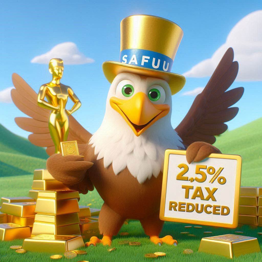 SafuuV2's tweet photo. 🤑 It's official: $SAFUU token Tax is now only 2.5%! https://t.co/oqz9DrWX1N