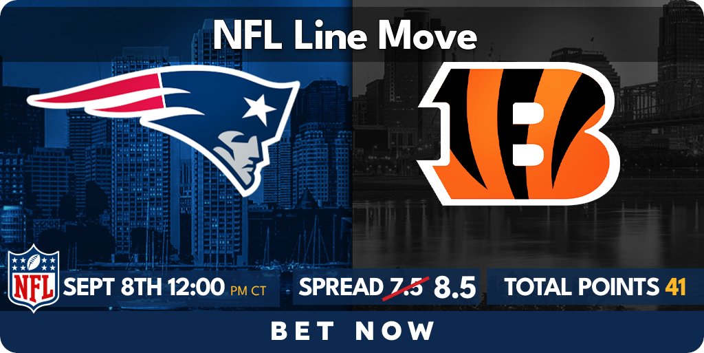 #NFL  Line Move:

#Patriots vs #Bengals
Bengals -7.5 moves to -8.5 

Bet🏈Now➡️action247.onelink.me/RqSv/fjn9e7td

Winners Welcome - No Player Limits
Good Luck

#RuleTheJungle #foreverNE #WhoDey  #NEPats #BettingX #NFLPicks 
*odds subject to change