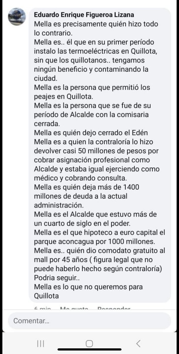 cecilia50835241's tweet photo. Como estos 2 políticos en la ciudad de Quillota se tiran los trapitos al sol y por redes la gente lo mismo! Quien fiscaliza a estos alcaldes 30 años en la municipalidad,es notorio qué hay robos! @contraloriacl @ciper 
Dejo pantallazo y se sepa!! Mella y Calderon https://t.co/tUKehlAvFB