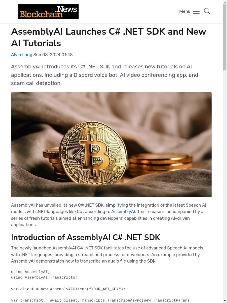 rayan_bibiloni's tweet image. BREAKING NEWS : AssemblyAI introduces C# .NET SDK and new AI tutorials for blockchain, boosting AI integration capacity. cryptoeco.net/tw/5325.html #AssemblyAI #CSharp #AItutorials