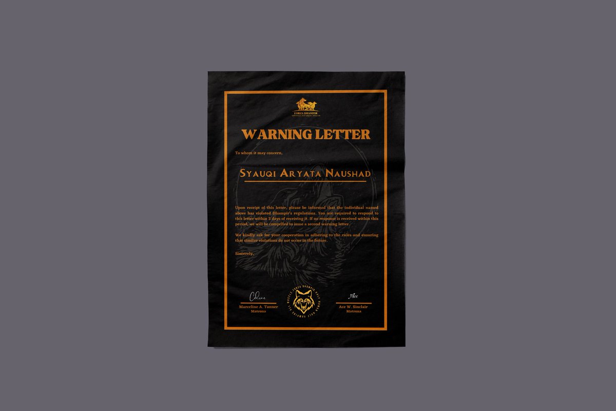 ㅤ

[ WARNING LETTER I ]

Dear, <a href="/axngrem/">一条, Tomonaga</a>. We deeply apologize to send this warning letter. Please kindly reply to this letter within the given period of time. Thank you.

<a href="/Sir_ASinclair/">Ace.</a> @Ms__CTanner <a href="/VladimirDatum/">𝐃𝐚𝐭𝐮𝐦</a> <a href="/afglio/">Abraham.</a> <a href="/admonice/">Retta</a>
<a href="/arakavers/">Araka</a>
ㅤ ㅤ