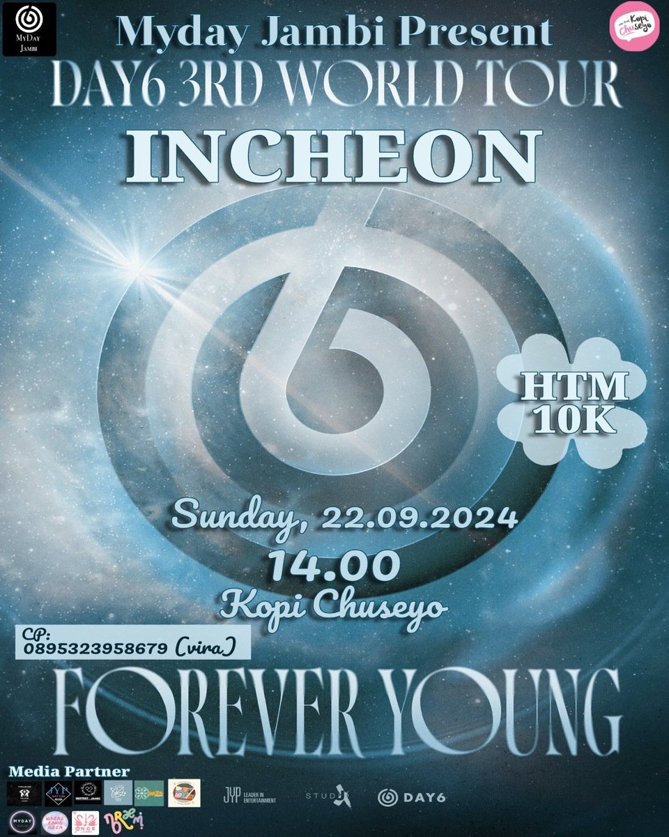 🩹CALLING OUT MY DAY JAMBI TO JOIN WATCHING PARTY EVENT 🩹
🎶 DAY6 3RD WORD TOUR : FOREVER YOUNG - INCHEON🎶

📅 Sun, 22 Sep 24
🕓 01.30 PM - END
📌 Kopcus Jambi 
📞 Rsvp CP on poster 
💌 More info DM US ( X/Instagram )

#MYDAYJAMBI #KPOPERSJAMBI #MYDAY #MYDAYINDONESIA #DAY6
