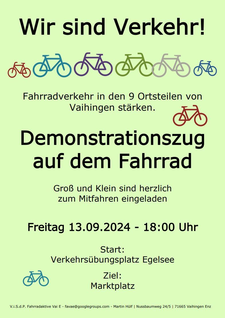 "Wir sind Verkehr" Bei unseren Nachbarn in Vaihingen Enz formt sich eine Initiative . Freitag 13.09 18 Uhr geht es los am Verkehrsübungsplatz Egelsee, südlich der Enz. Kommt gerne vorbei 🚲🚲