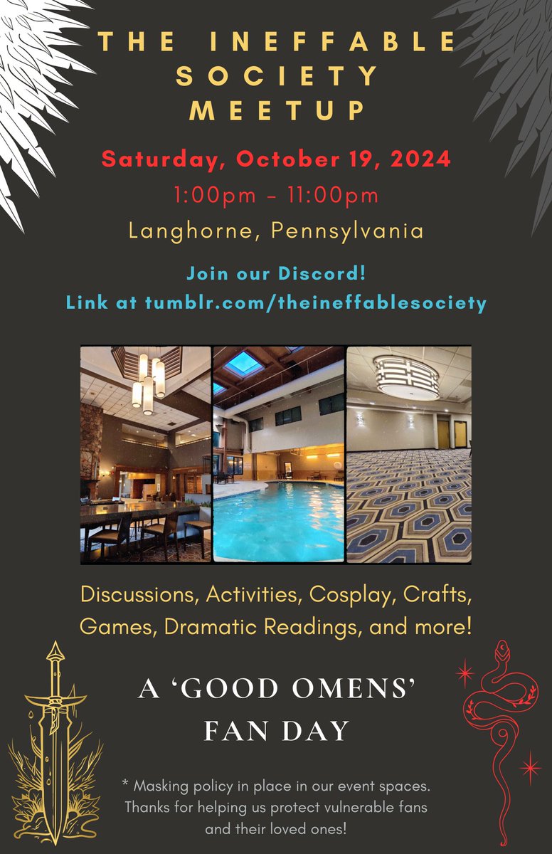 IneffableMeetup's tweet photo. The Ineffable Society Meetup is a FULL DAY of fan connection, celebrating our shared love of #GoodOmens. Open to all ages and FREE TO ATTEND!

Saturday October 19, 2024
1pm-11pm
Langhorne, PA

(We have fans from all over the country arriving Friday and checking out Sunday!) https://t.co/CvPrJAlunH