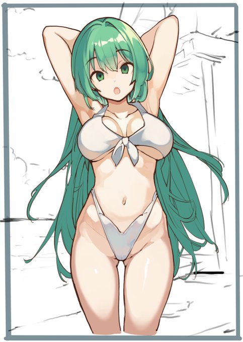 水着早苗ここまで描いたけれど、なんかもう一歩な気がするので根本から描きなおす事にしました。途中までですがひとまずアップ 