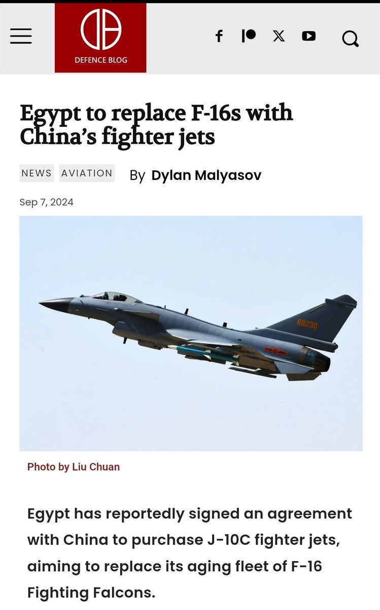 エジプト、F-16戦闘機を中国戦闘機に置き換える(J-10)