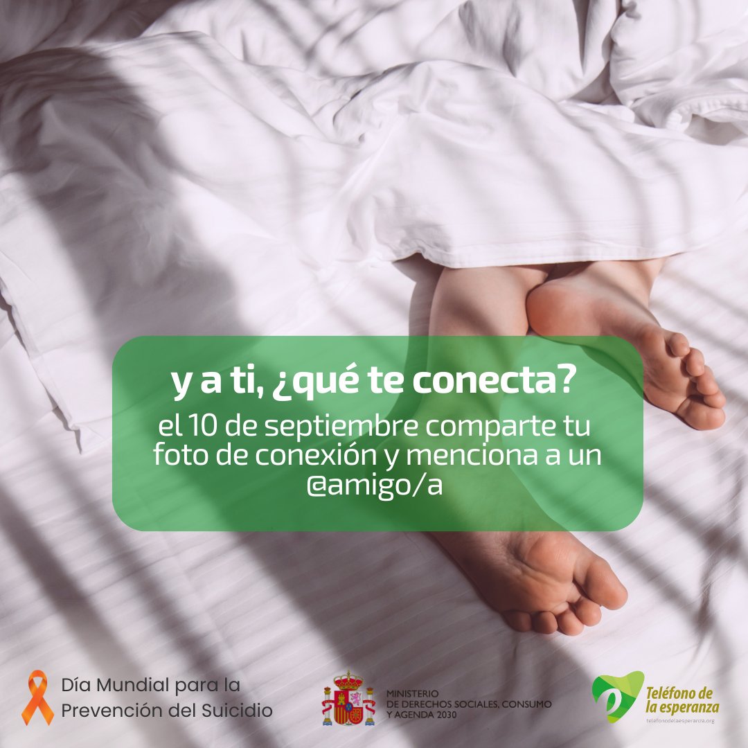 valladolidesper's tweet image. Hacer la cucharita, el olor a café recién hecho, el tacto de sábanas nuevas, esos pies fríos…

.

Y a ti, ¿qué te conecta? Sea lo que sea… #conectaTEalavida
10 de septiembre Día Mundial para la Prevención del Suicidio #díamundialparalaprevencióndelsuicidio