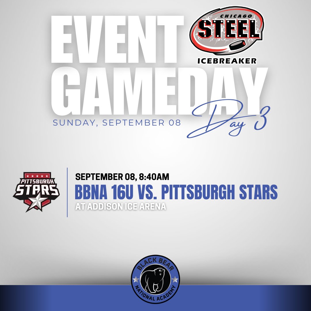 BBNAcademy's tweet photo. 🚨 BBNA 16U - Day 3! 🚨

It's the final day of the Chicago Steel Icebreaker! 16U is ready to wrap up the tournament with a strong finish against the Pittsburgh Stars🏒🔥
.
.
.
#BBNA #BlackBearNationalAcademy #GameDay3 https://t.co/zzZc7OobcE