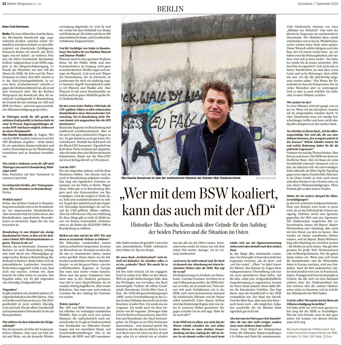 IlkoKowalczuk's tweet image. 1/Aus dem Interview mit der Berliner Morgenpost am 7./8.9.2024: &quot;Heute haben wir die blühenden Landschaften im Osten. Brandenburg ist – so wie der ganze Osten – eine der  wohlhabendsten Regionen in Europa. Das muss man immer wieder betonen. Wenn man das ganze Gejammere hört, kann