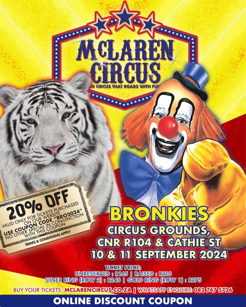 DenzilMclaren's tweet photo. @mclarenscircus Popular 2024 Show comes to #Bronkhorstspruit on Tuesday and Wed following two exciting shows in Witbank today 🎪😊😂🦁🐯🤡🐴🥳😍❤️
#Bronkies Coming Soon to #Tshwane #Pretoria #Gauteng Blessed Sunday
All Show Times and Buy Tickets online: https://t.co/wsY55Vvbk8 https://t.co/eY1EOASHc8