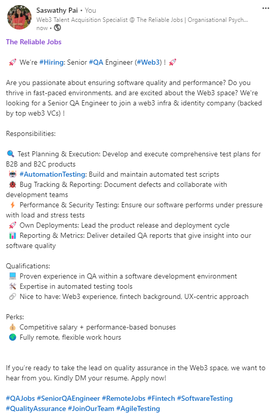 Saswathy_Pai98's tweet photo. @TheReliableJobs  is helping a #web3 infra &amp; identity company (backed by top web3 VCs) a Senior #QA Engineer role (Remote).
Kindly DM, if interested 
Connect with me on : https://t.co/61vUFQkTEo https://t.co/rKjTPTriBP