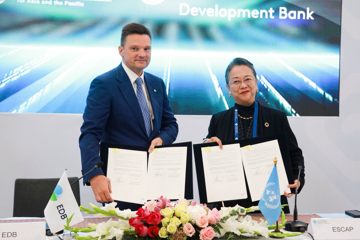 UNESCAP's tweet image. In Astana🇰🇿, the Eurasian Development Bank (#EDB) and @UNESCAP signed MoU for sustainable development in Eurasia to promote economic integration, digital transformation &amp;amp; joint projects in #AsiaPacific. 

🌏 Let&apos;s strengthen collaboration for a inclusive future. 

#Digital4Dev