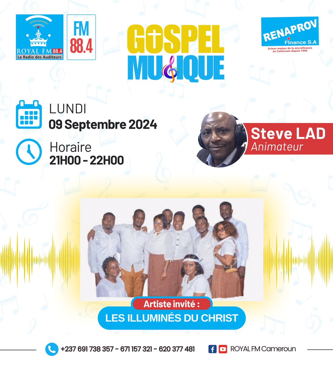 Le célèbre groupe chrétien les illuminés du Christ est notre invité de ce lundi 09 septembre 2024 à l’émission gospel Musique sur la radio des auditeurs Royal FM 88.4 Yaoundé entre 21H &amp; 22H