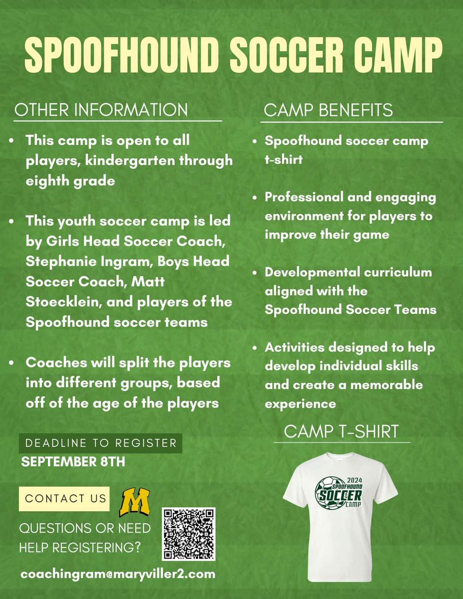 MaryvilleMiddle's tweet photo. MHS Youth Soccer Camp! Click on the QR code to register!! Grades K-8! https://t.co/w9oezjpnFu