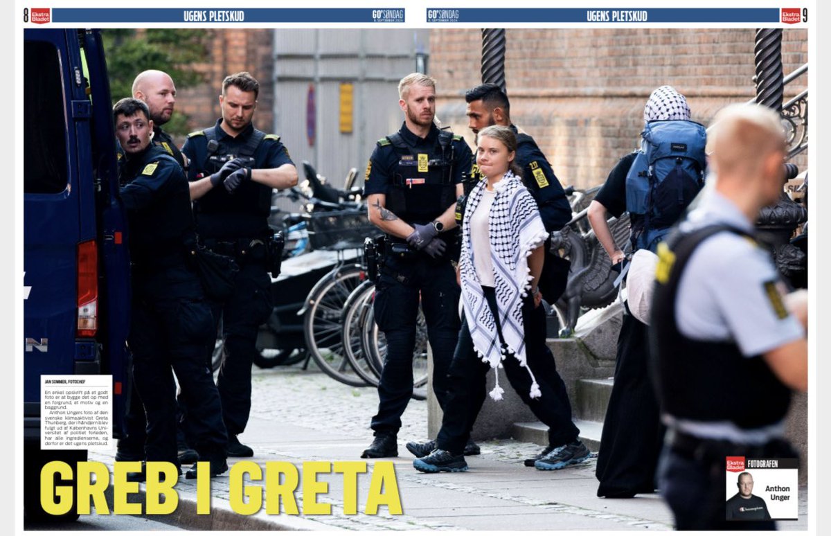 Jan Sommer (@jsjsfrede) on Twitter photo GREB I GRETA
En enkel opskrift på et godt foto er at bygge det op med en forgrund, et motiv og en baggrund.
Anthon Ungers foto af den svenske klimaaktivist Greta Thunberg, der i håndjern blev fulgt ud af Københavns Universitet af politiet har alle ingredienserne. GREB I GRETA
En enkel opskrift på et godt foto er at bygge det op med en forgrund, et motiv og en baggrund.
Anthon Ungers foto af den svenske klimaaktivist Greta Thunberg, der i håndjern blev fulgt ud af Københavns Universitet af politiet har alle ingredienserne.
