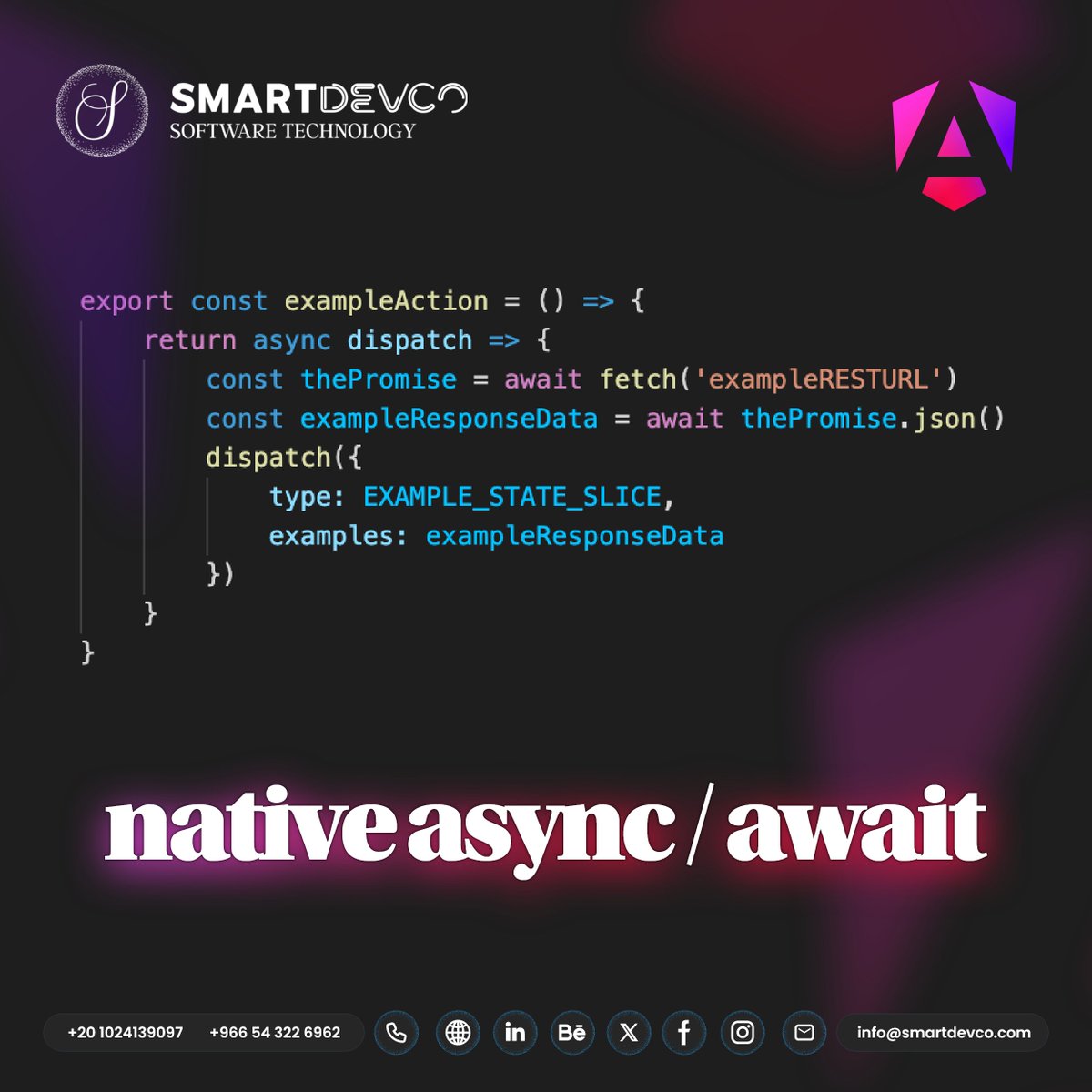 SmartDevCo's tweet image. Angular18 Features :
Native Await for Zoneless Apps
Zone.js intercepts many browser calls to integrate Angular’s change detection.  This is suboptimal since modern browsers natively support async/await, which are more expressive and optimized.
Here is an example 

#SDC #Angular