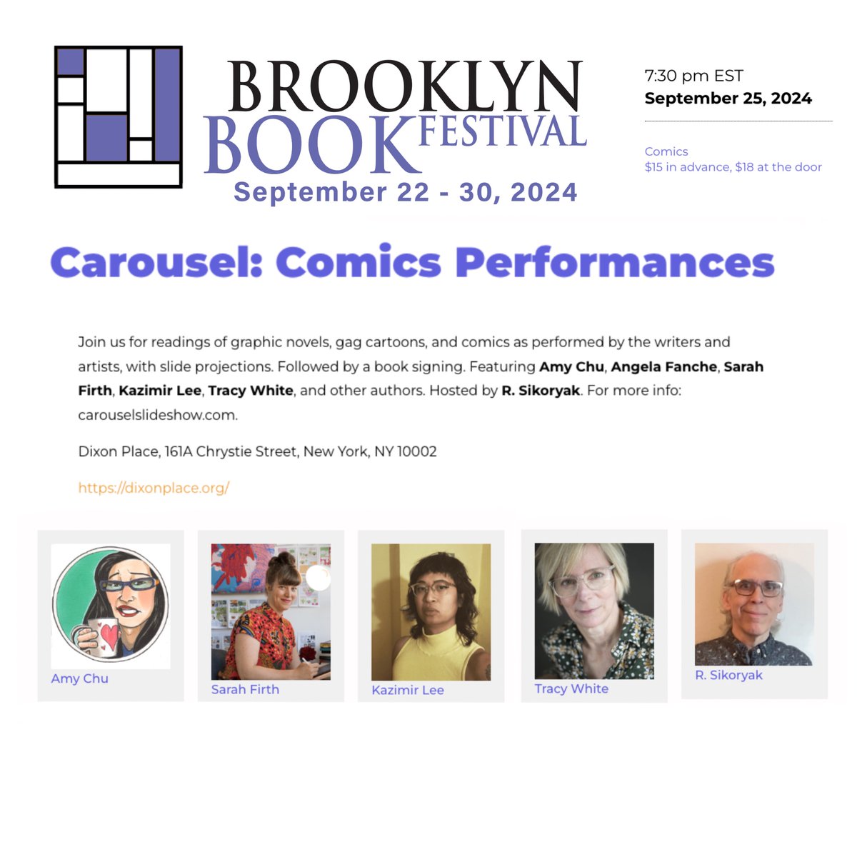 Sarah Firth (@sarahthefirth) on Twitter photo Iām part of the <a href="/BKBF/">Brooklyn Book Festival</a> with Carousel: Comic Performances atĀ Dixon Place, organised by the legendary and lovely <a href="/RSikoryak/">R. Sikoryak</a> with Amy Chu, Angela Fanche, Kazimir Lee and Tracy White.
7:30pm Wed 25th Sept,Ā <a href="/dixonplace/">Dixon Place</a> $15 online $18 at the door
brooklynbookfestival.org/event/carousel⦠Iām part of the <a href="/BKBF/">Brooklyn Book Festival</a> with Carousel: Comic Performances atĀ Dixon Place, organised by the legendary and lovely <a href="/RSikoryak/">R. Sikoryak</a> with Amy Chu, Angela Fanche, Kazimir Lee and Tracy White.
7:30pm Wed 25th Sept,Ā <a href="/dixonplace/">Dixon Place</a> $15 online $18 at the door
brooklynbookfestival.org/event/carouselā¦