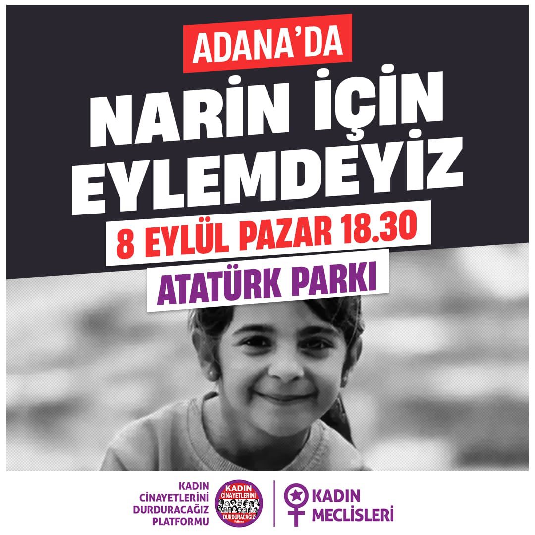 Narin için eylemdeyiz!

19 gün sonra öldürülmüş olarak bulunan Narin için bu akşam 18:30'da Atatürk Parkı'nda buluşuyoruz.
