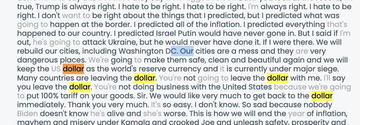 paulkrugman's tweet photo. So far, aside from Bloomberg, major media doesn’t seem to have picked up on Trump’s threat to impose 100% tariffs on countries that don’t use the dollar. So before the sanewashing begins, here’s what he said in context (from C-Span closed captioning) https://t.co/0B3zeINyC6
