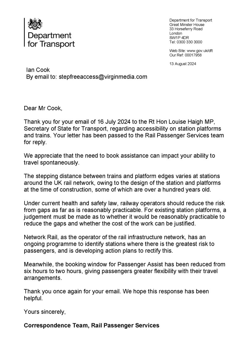 <a href="/LouHaigh/">Louise Haigh</a> Why have DfT blacklisted me for campaigning for Level Access from Train to Platform and Platform to Platform:
This is there correspondence to my question:

Please respond as this is has to be sorted.
