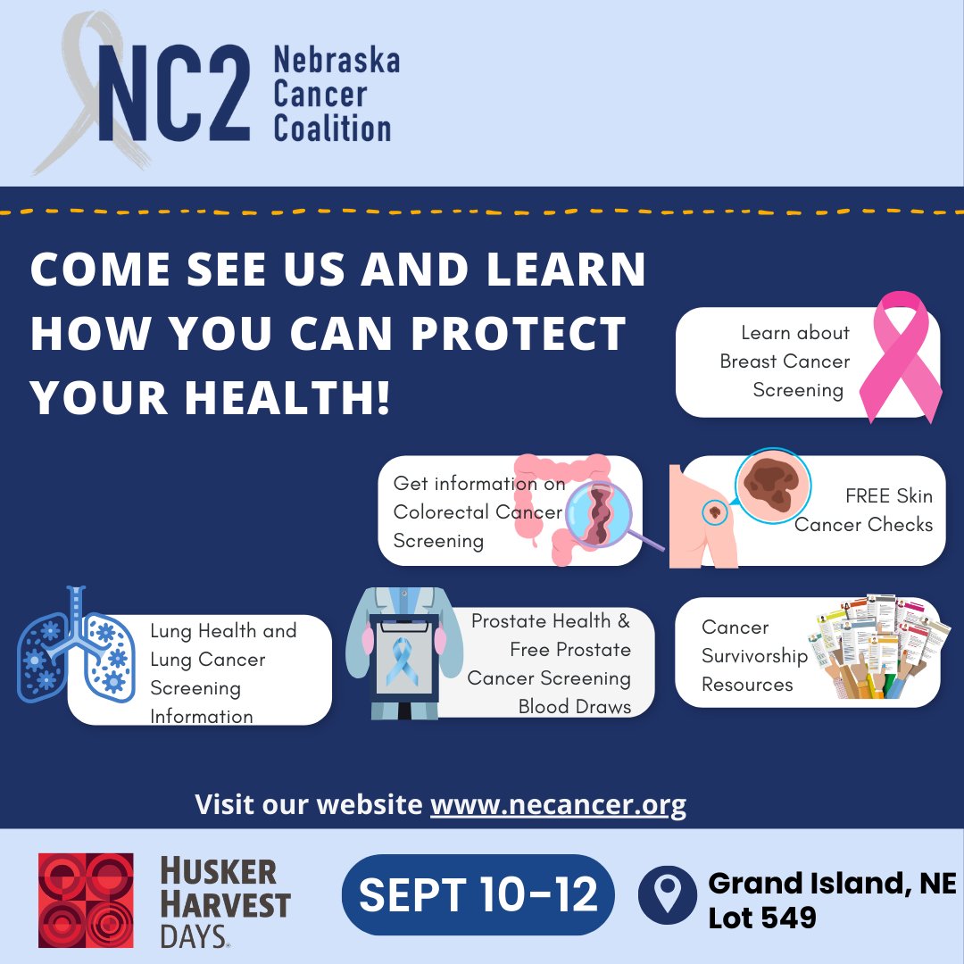 Nebraska Cancer Coalition (@nebcancer) on Twitter photo Visit the NC2 Cancer Screening Barn at Building 549 during <a href="/HHDays/">Husker Harvest Days</a> to learn about cancer screenings and prevention. We're here to help with early detection for all types of cancer! #HHD24 #NC2 Visit the NC2 Cancer Screening Barn at Building 549 during <a href="/HHDays/">Husker Harvest Days</a> to learn about cancer screenings and prevention. We're here to help with early detection for all types of cancer! #HHD24 #NC2