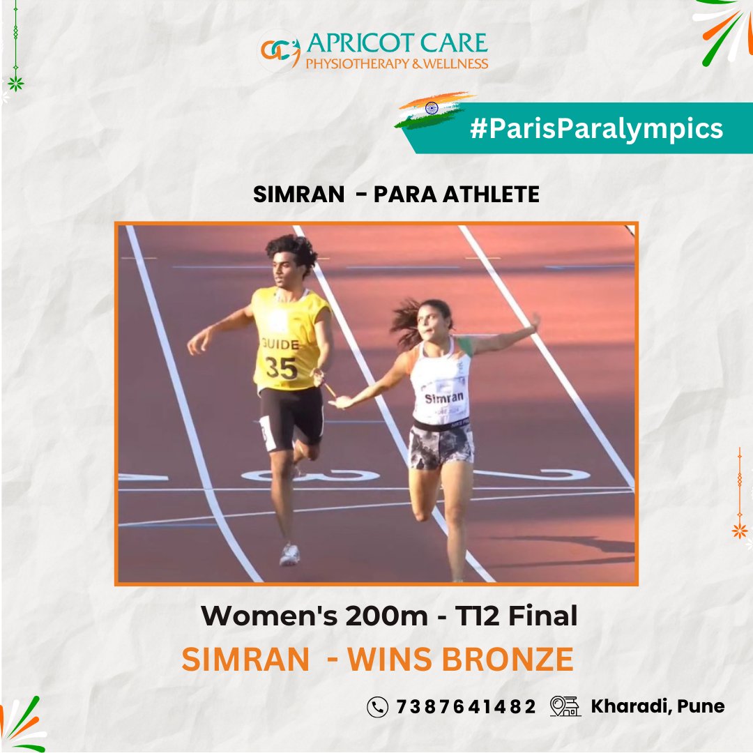 care_apricot's tweet image. Simran, along with her guide Abhay Singh, has won the bronze medal in just 24.75 seconds! 

A huge congratulations to both Simran and Abhay Singh @simransharmaply 🎉👏

#BronzeForIndia #Cheer4Bharat #MachaDhoom #ProudMoment #ParaAthletics #IndiaAtParalympics #Paris2024
