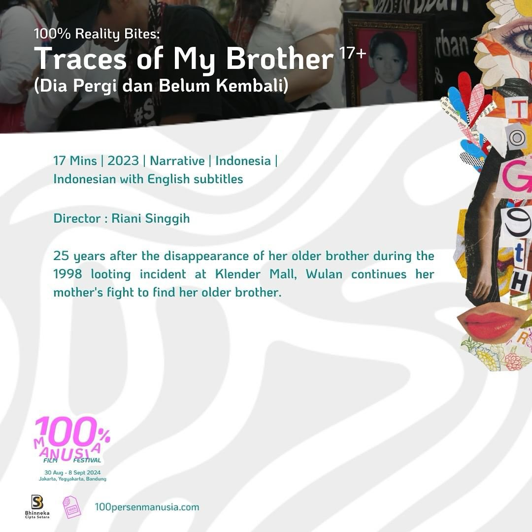 FilmIndoSource's tweet photo. Riani Singgih’s ‘DIA PERGI DAN BELUM KEMBALI’ (‘TRACES OF MY BROTHER’) is an aide-memoire for the great loss of under the government failure to recognize its crime against humanity. Shall we never forget the victims that fall during the 98 rising #100PMFF2024 https://t.co/DcjH8jQE0t