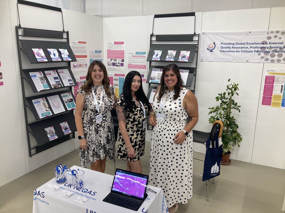 Here’s #TeamUKNEQASCPT ⁦<a href="/ukneqascpt/">UK NEQAS CPT</a>⁩ from left to right there’s Chantell, Ashley and then Lorren. You’ll find these lovely ladies on booth 55, ready to talk to you all about #CellularPathology #ECP2024 #Florence