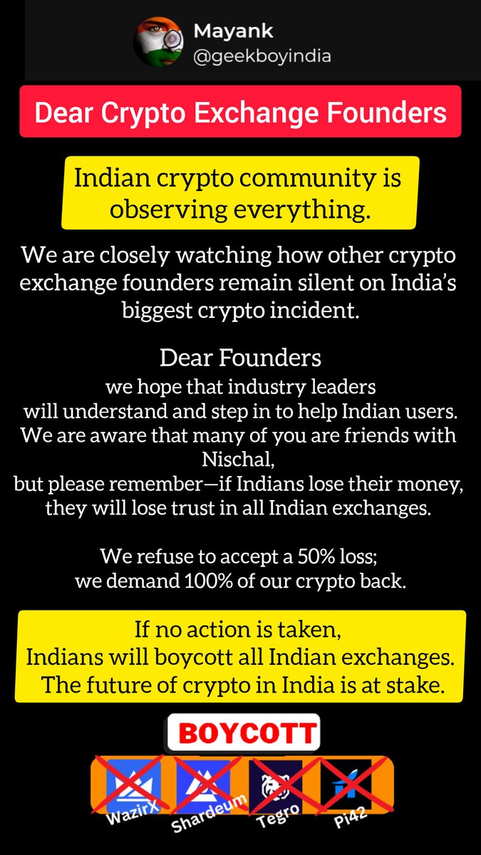geekboyindia's tweet photo. Indian crypto community is observing everything. #WazirX
We also seek help from @PushkarRThakur @ShyamMeeraSingh @rajshamani @SushantBSinha @AwaaraMusaafir @saurabhtop to raise awareness and support Indian crypto users!

#WazirXHack #CryptoCommunity #IndianExchanges #CryptoNews https://t.co/zWDln46UN8
