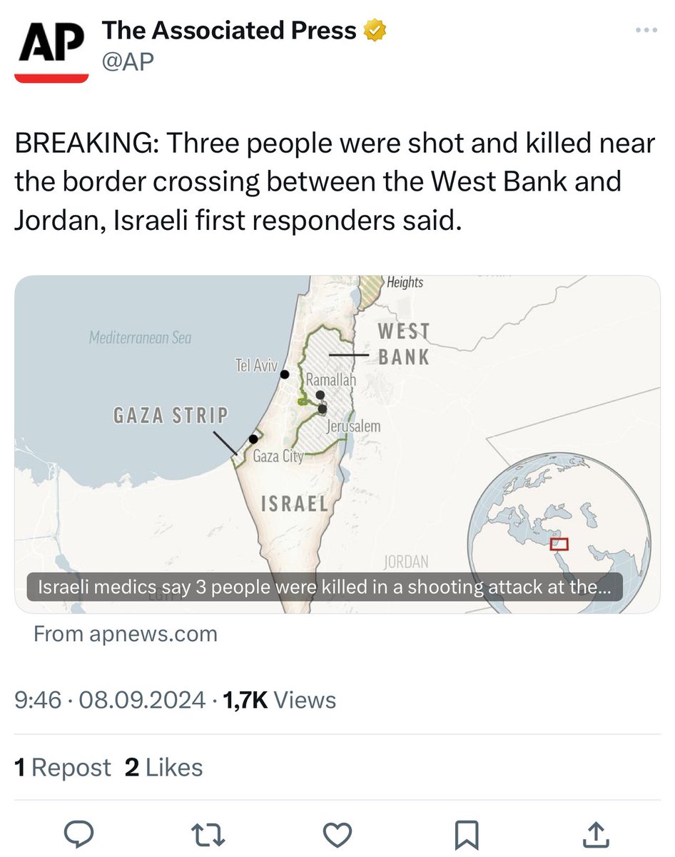 Michael Elgort (@just_whatever) on Twitter photo When it’s time to blame Israelis, immediately all naming and labels are there:
“Israeli soldiers killed American”
When Israelis are killed…
“Three people were shot and killed”
<a href="/AP/">The Associated Press</a> is a disgrace When it’s time to blame Israelis, immediately all naming and labels are there:
“Israeli soldiers killed American”
When Israelis are killed…
“Three people were shot and killed”
<a href="/AP/">The Associated Press</a> is a disgrace