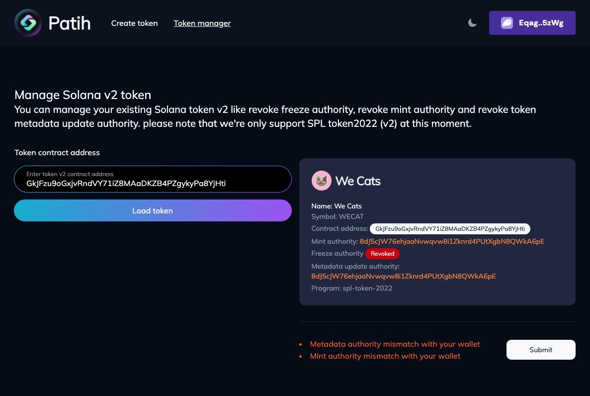 PatihDev's tweet image. Revoke mint/freeze authority easily with our no-code platform